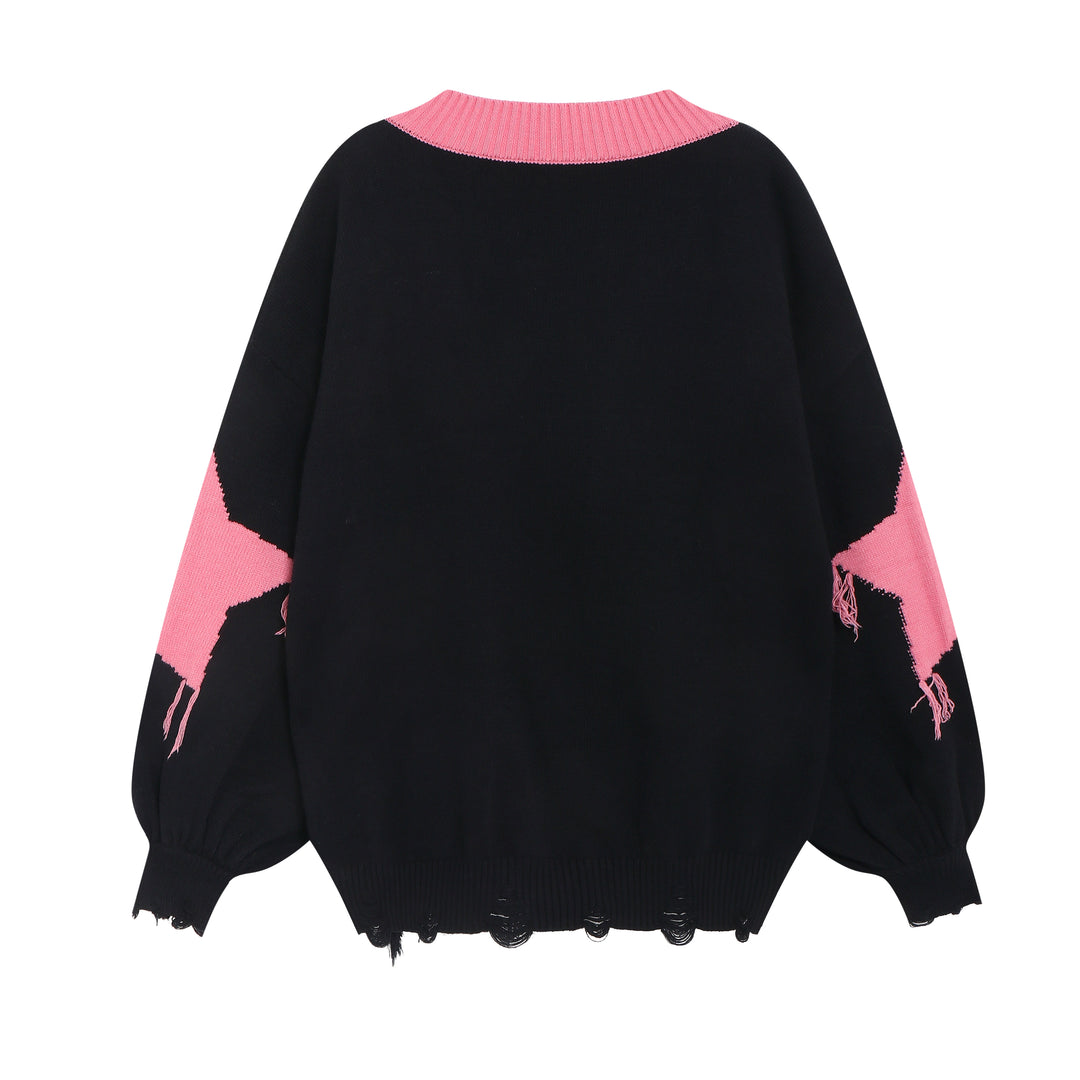 Black Pink Sweater Star Knit V-neck Pullover Sweater 32462:423422