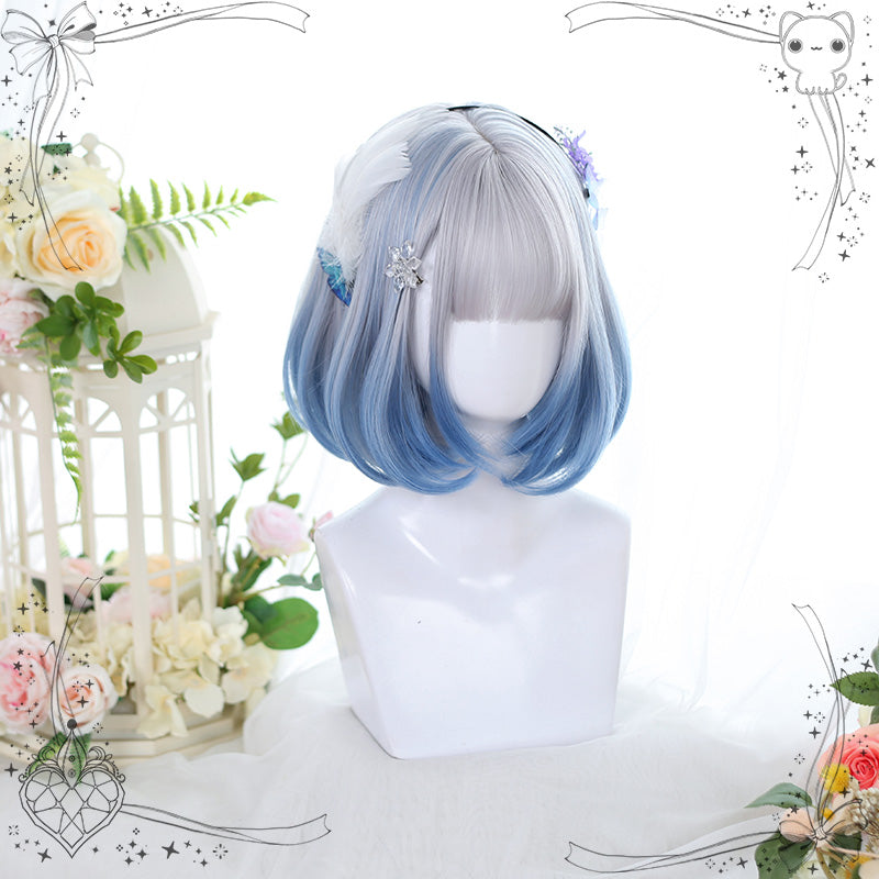 Lolita Fashion Black/Gray/Light Blue Air Bangs Bob Wig 22810:330554 22810:330554