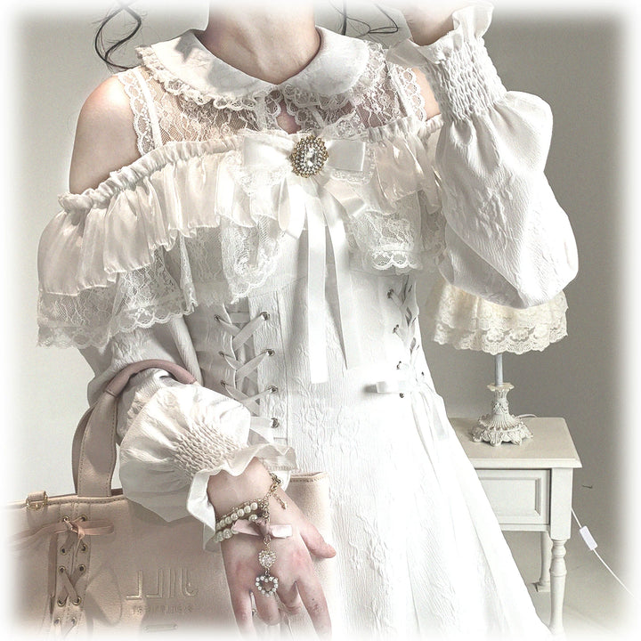 Jirai Kei Open-Shoulder Dress, Bust Lace Flounce Hem 44468:809959