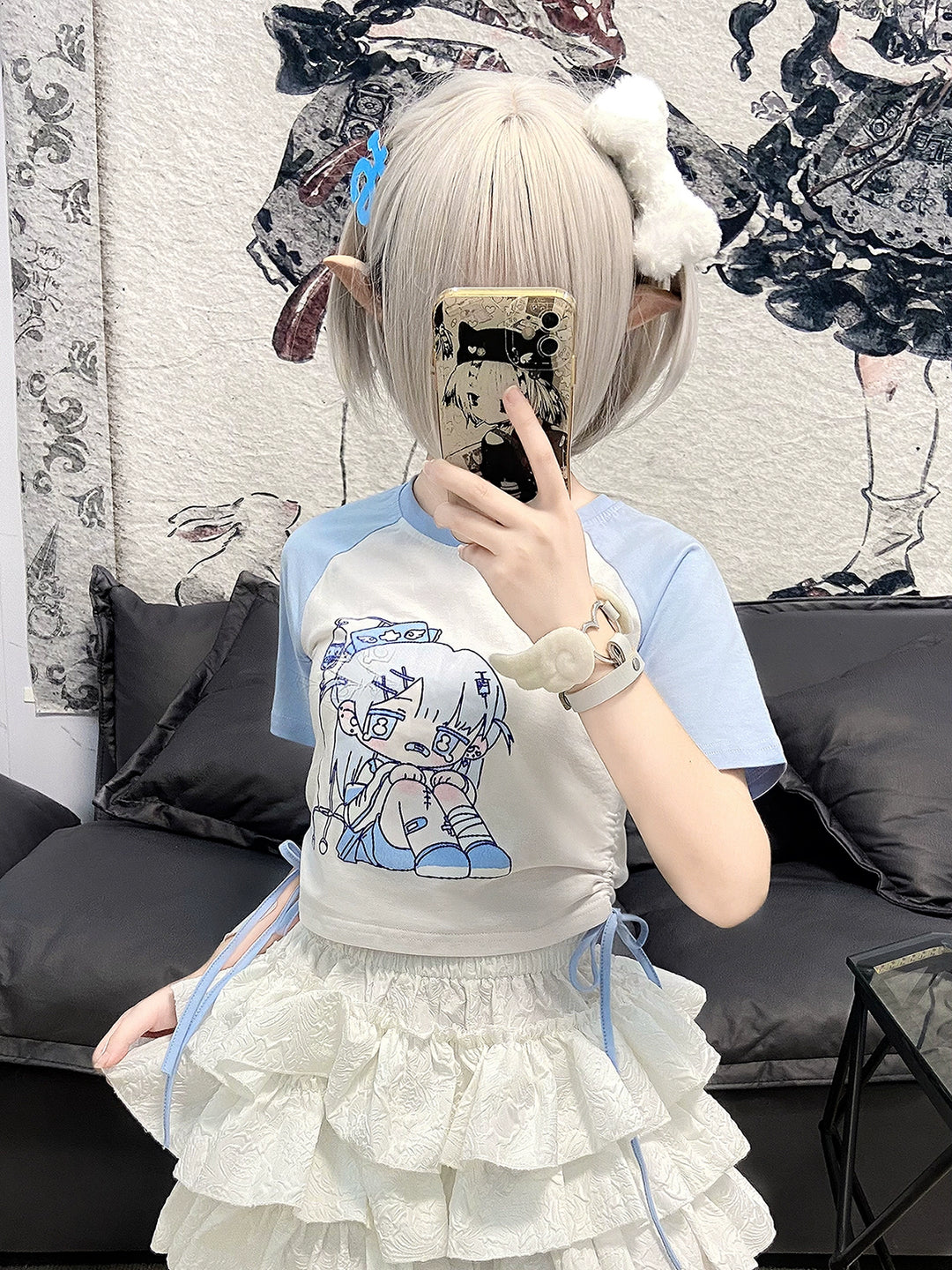 Tenshi Kaiwai T-shirt Cartoon Print Drawstring Top (M S) 38826:610196