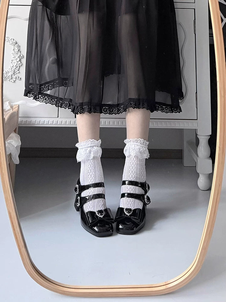 Jirai Kei Square Toe Chunky Heels, Heart rhinestone Details 45840:867411