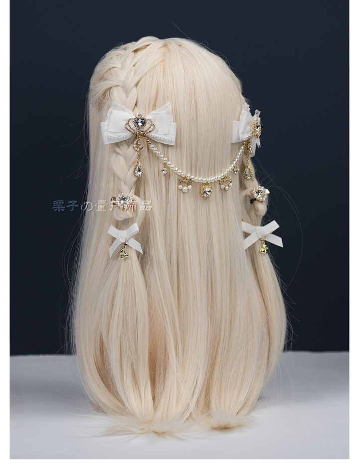 Jirai Kei Bow Hair Clips, Rhinestone Crown and Pearl Chain 44194:802741