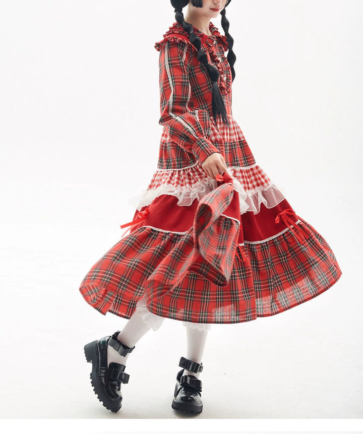 Sweet Lolita Dress Kawaii Dress Retro Dress Red Plaid Dress 36148:542774 36148:542774