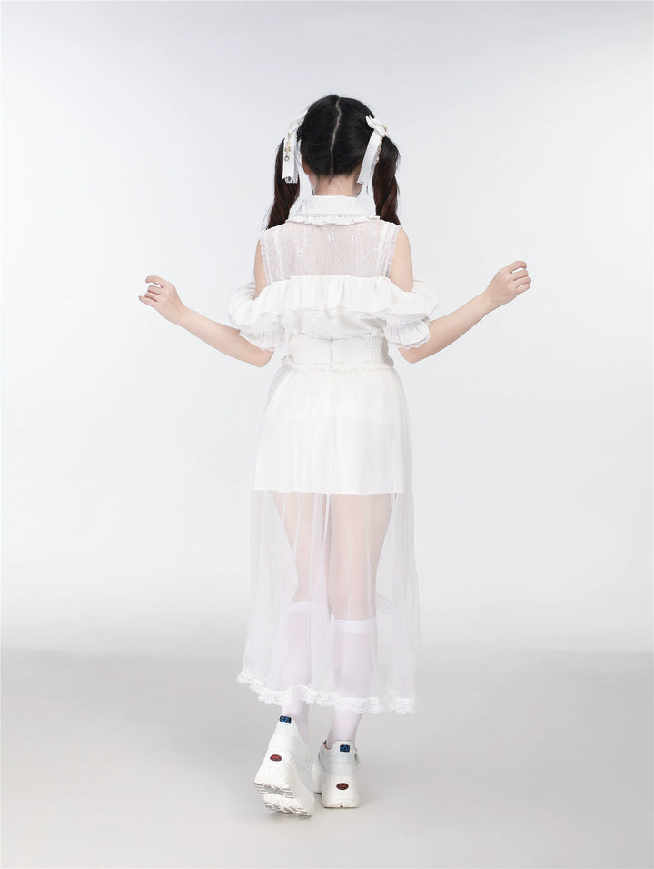 Jirai Kei Open Shoulder Lace Blouse, Pearl-Decorated Peter Pan Collar 43328:773840