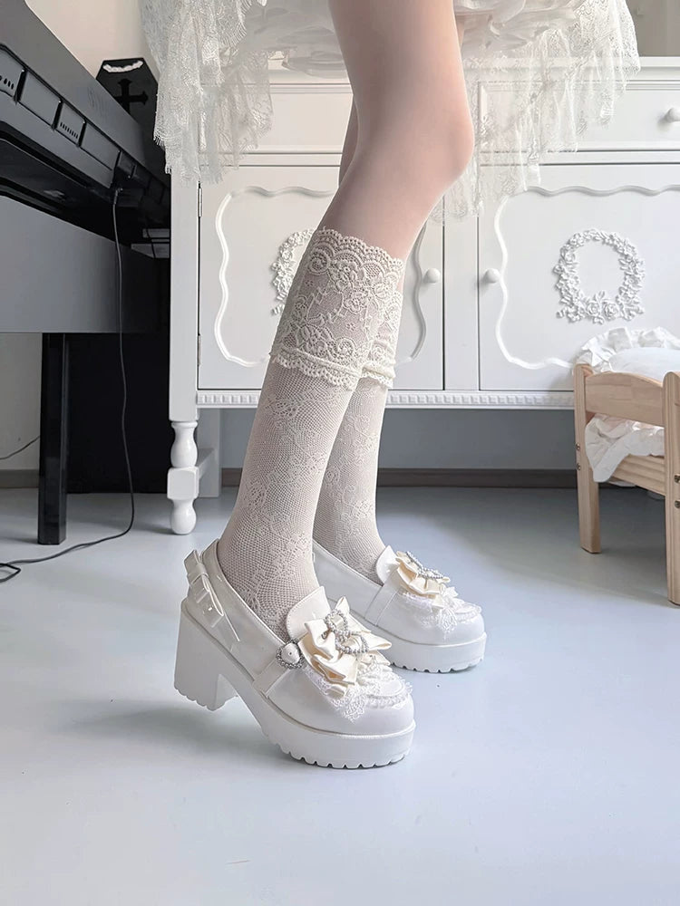 Jirai Kei Chunky Heel Slip-on Shoes, Bows and Pearls 45868:866960