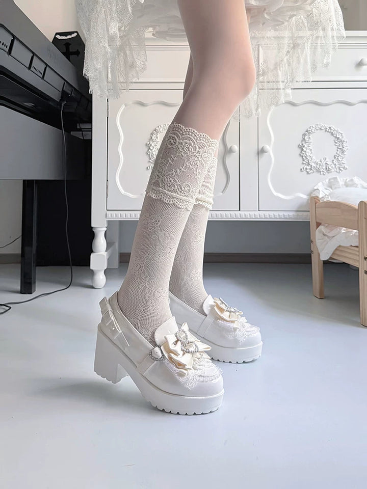 Jirai Kei Chunky Heel Slip-on Shoes, Bows and Pearls 45868:866960