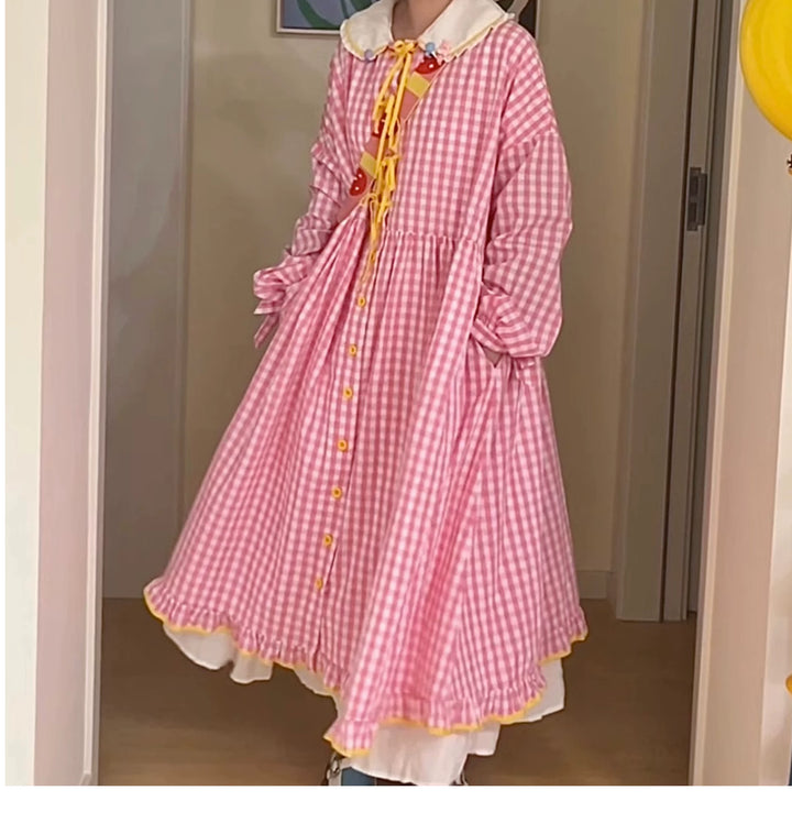 Oversized Mory Kei Dress Plaid Long Sleeve Dress Sweet Dress 36168:517322 36168:517322