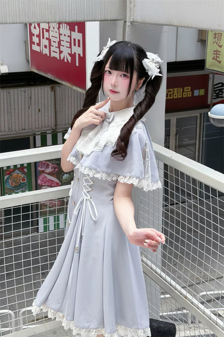Ryousangata Cape Layered Dress, White & Blue 45573:853433
