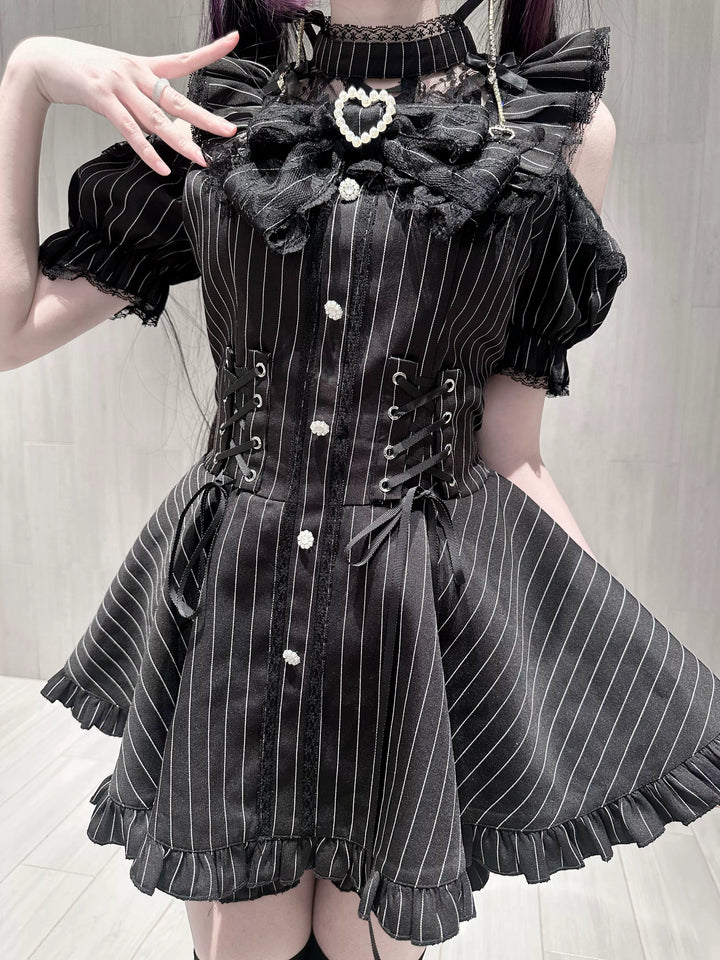 Jirai Kei Pure & Striped Black Dress, Open Shoulder 44960:834883