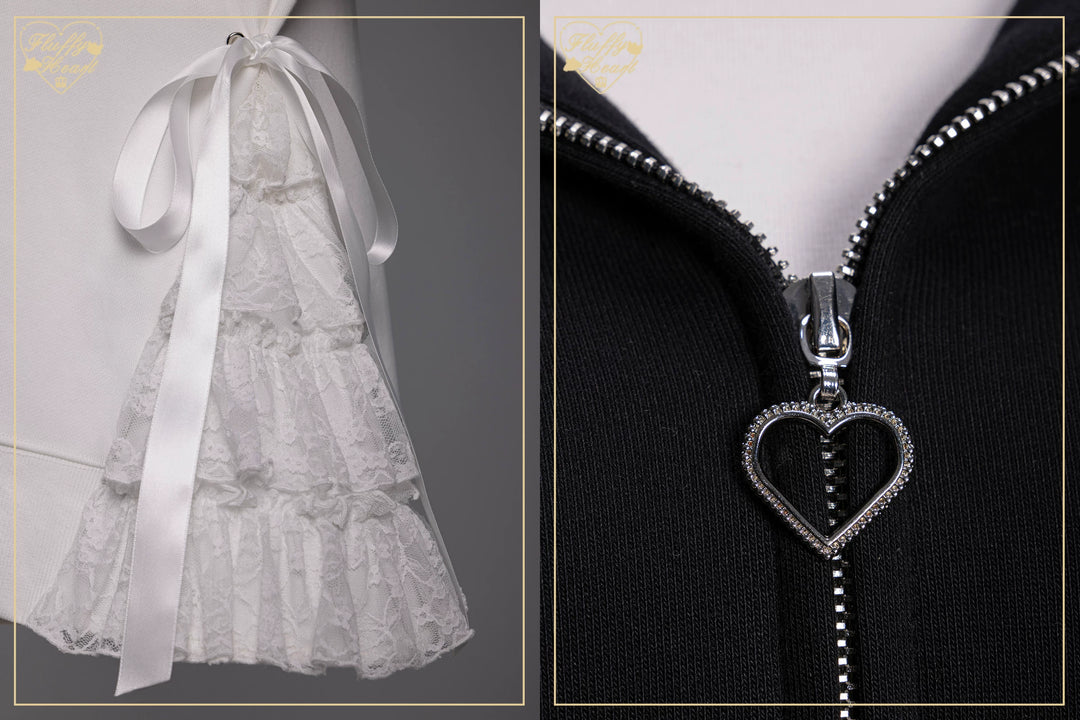 Lace-Trim Hoodie Coat, Side Pocket 45227:842220