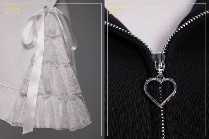 Lace-Trim Hoodie Coat, Side Pocket 45227:842220