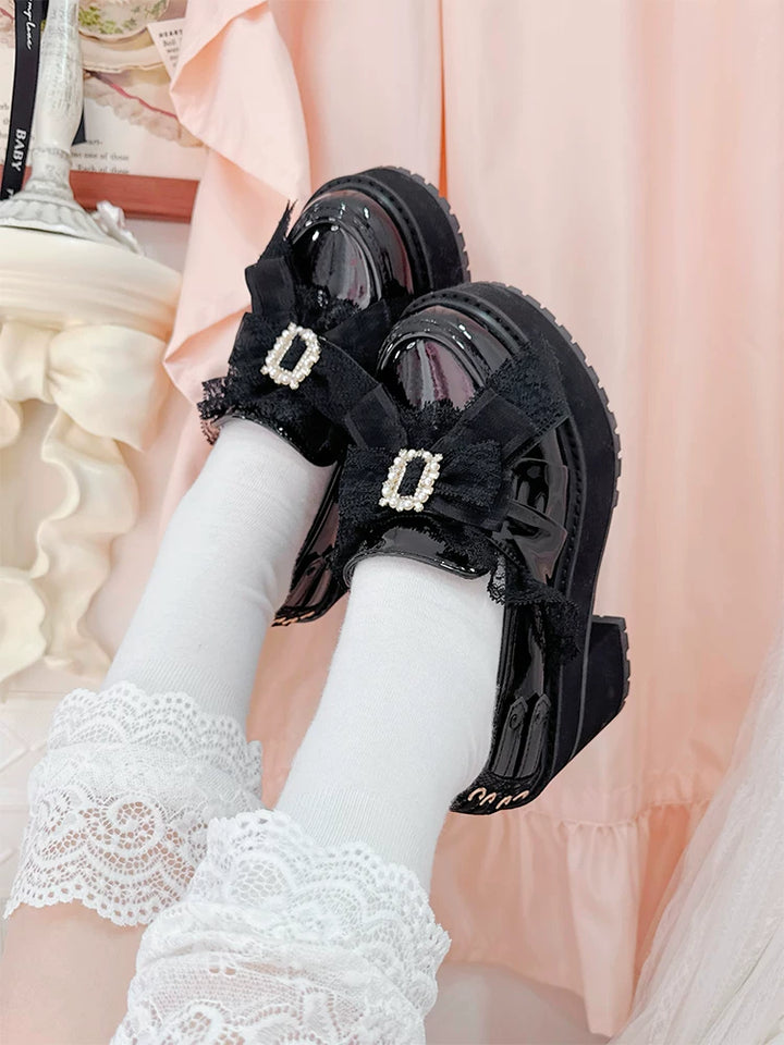 Black/White Jirai Kei Platform High Heel Shoes, Lace Bow 45952:872966