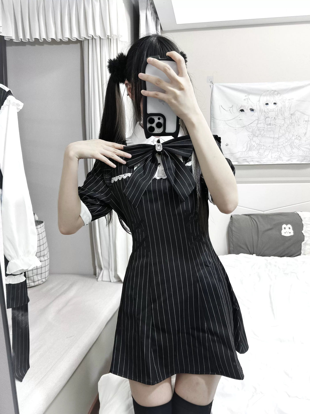 Jirai Kei Striped Short Sleeve Dress, Detachable Bow Tie 45798:862893