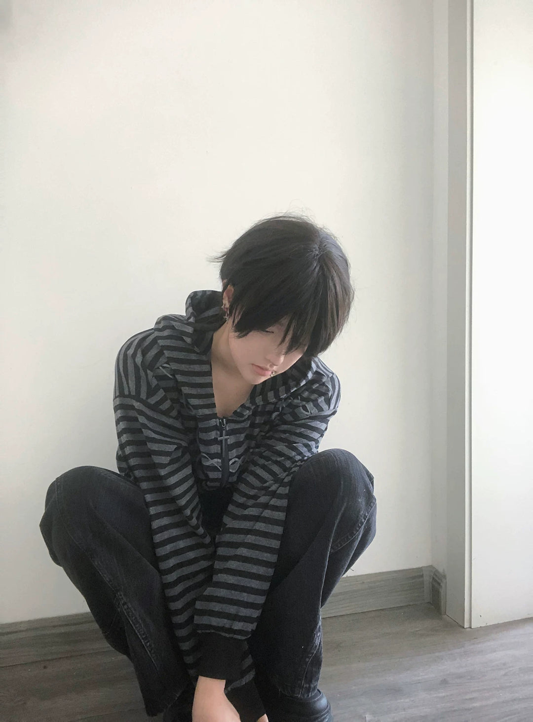 Gothic Striped Zip-Up Hoodie, Cotton for Summer 45270:844644