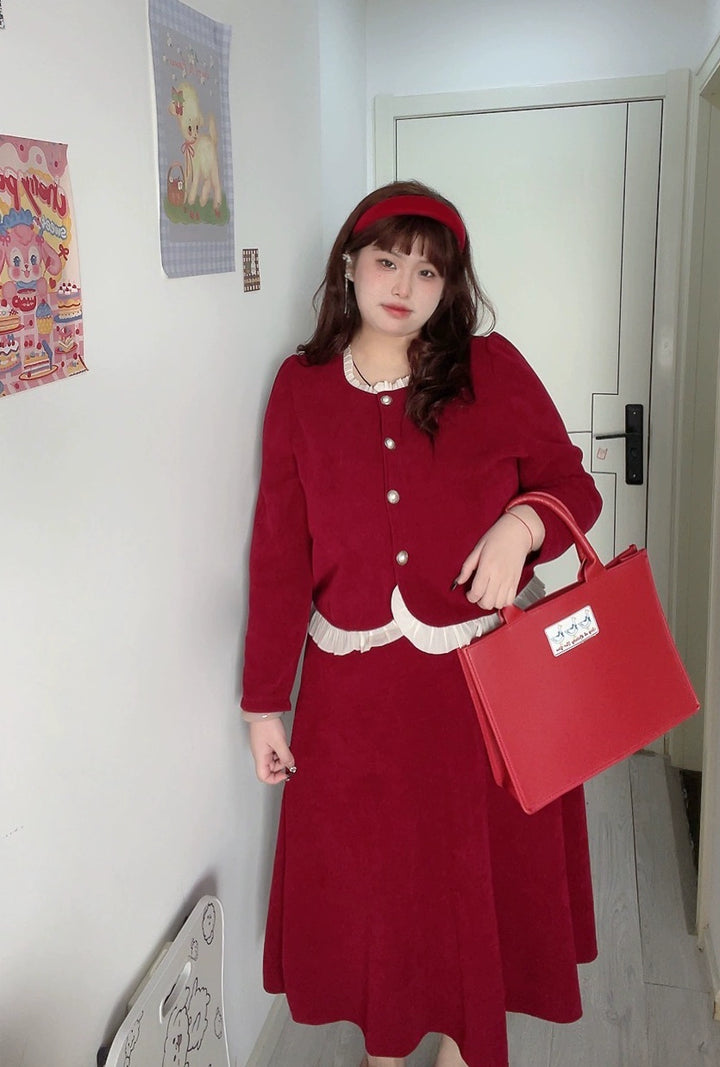 Plus Size Red Black Two-Piece Coat And Dress 29924:363846 29924:363846