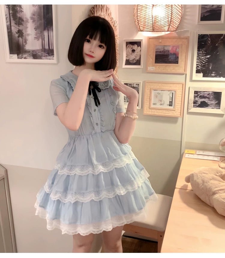 Sweet Style Lace Trim Dress, Tiered Ruffles (L M S XL) 43546:779192