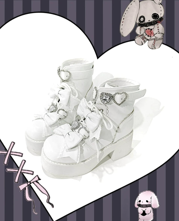 Jirai Kei Heeled Ankle Boots, Heart Rhinestone & Bows 45865:873146