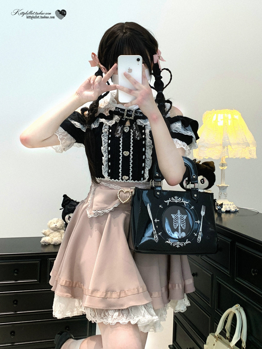Lace Open Shoulder Jirai Kei Blouse, Heart Rhinestone 43692:783143