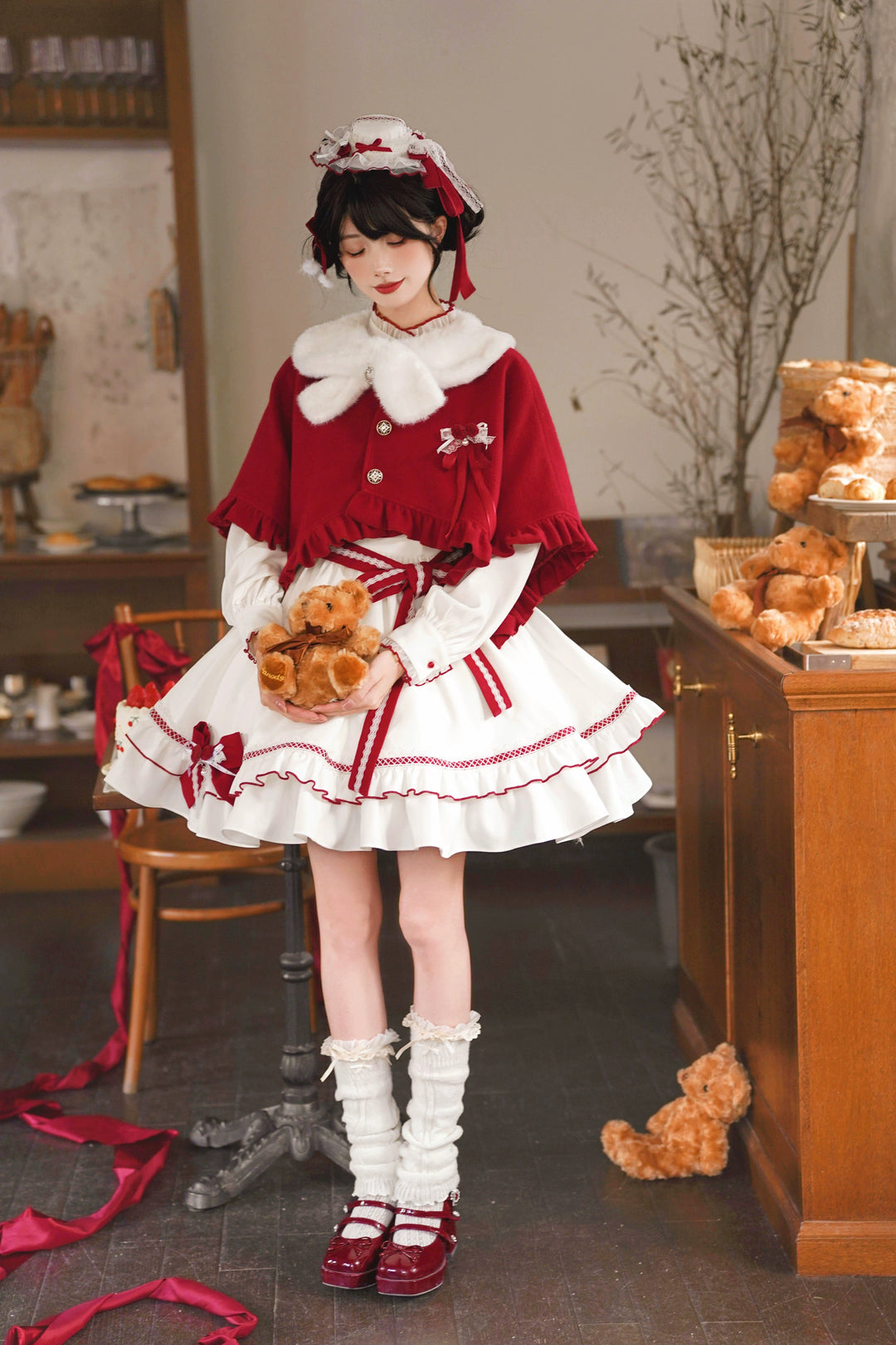 Christmas Dress Outfit, Red Cape with Detachable Collar 44323:804998