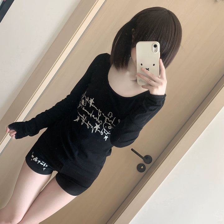 Long-Sleeved Gyaru Style Shirt with Otaku Graphic Print 42901:757233