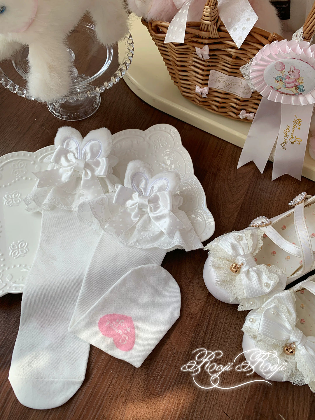 Sweet Lolita Mid-Calf Cotton Socks, Bunny Ears, Polka Dots 44712:819608