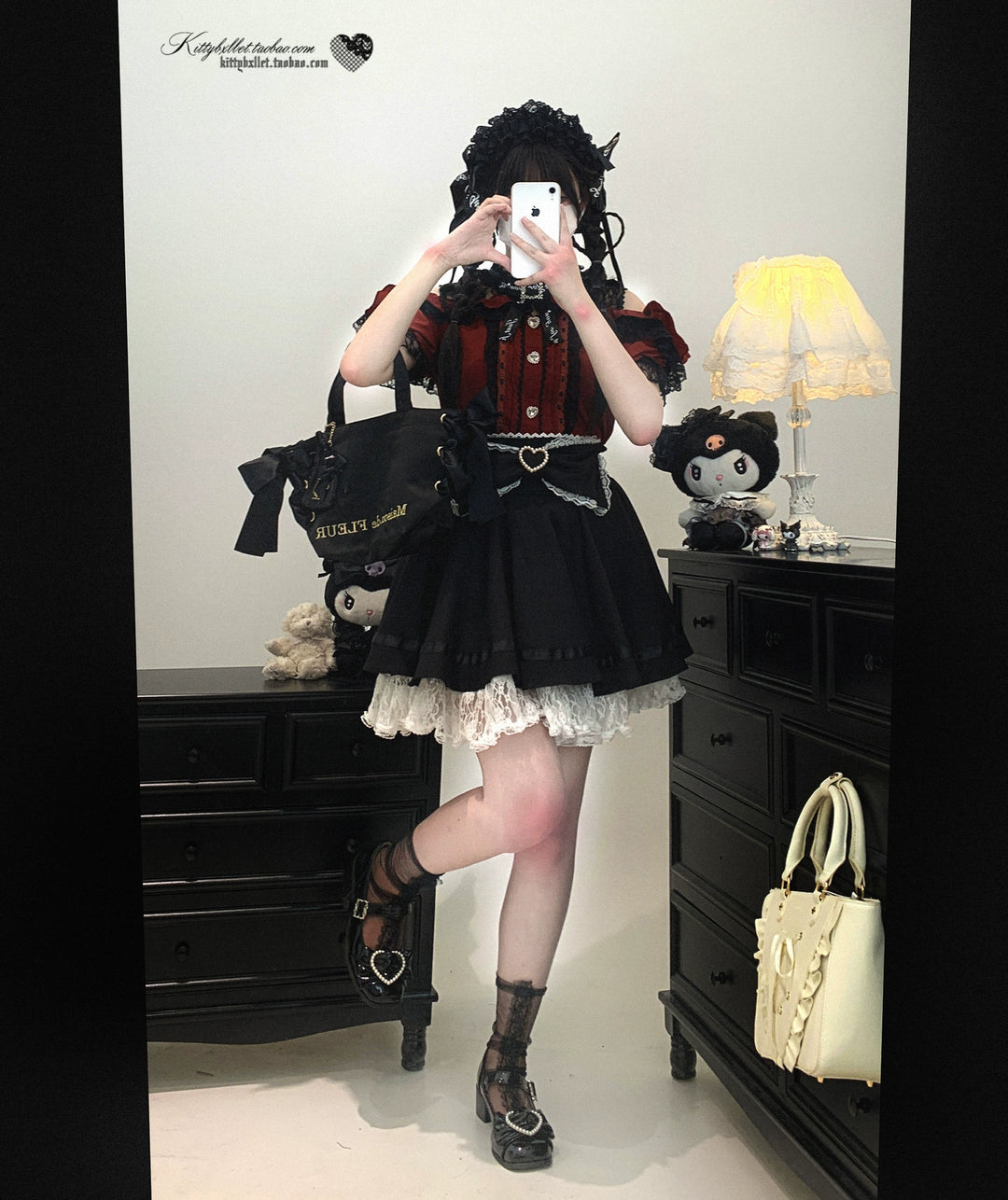 Lace Open Shoulder Jirai Kei Blouse, Heart Rhinestone 43692:783161