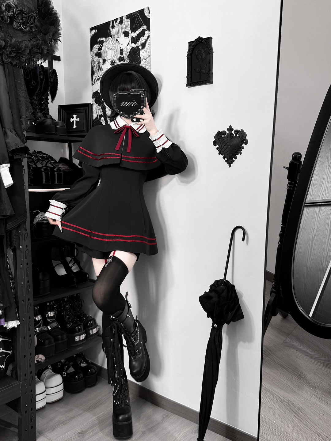 Japanese Style Cape Dress Set, Black & White (L M S XL XXL) 45264:844233