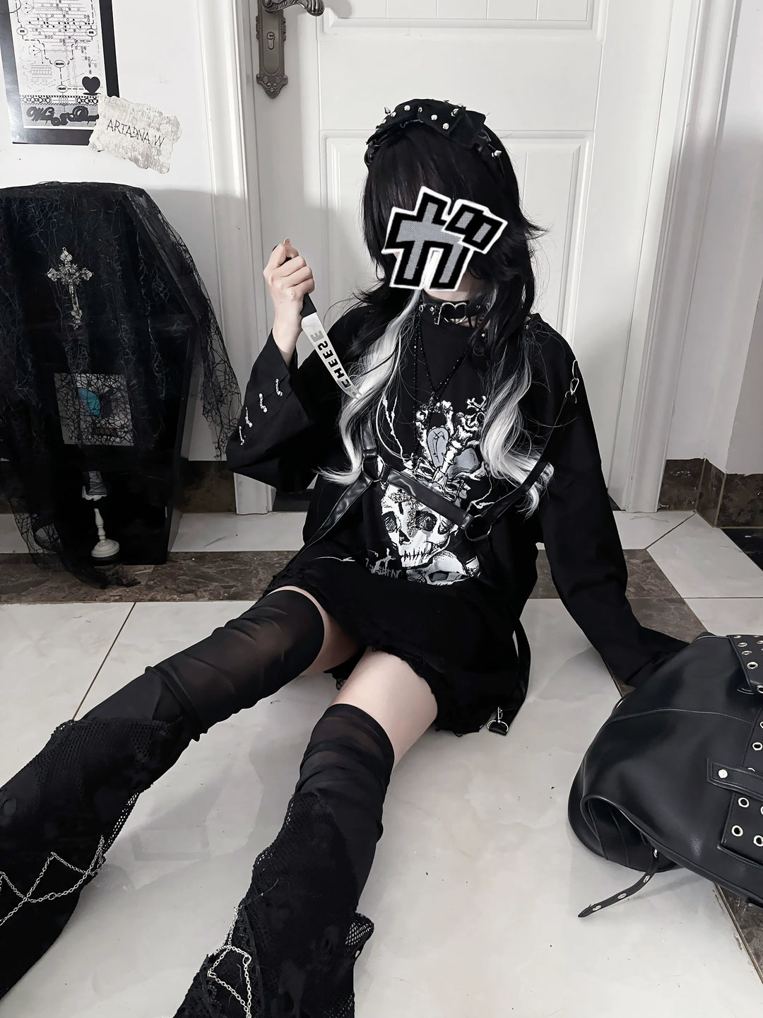 Gothic Printed Long Sleeve Tee, Detachable Strap 44336:804653