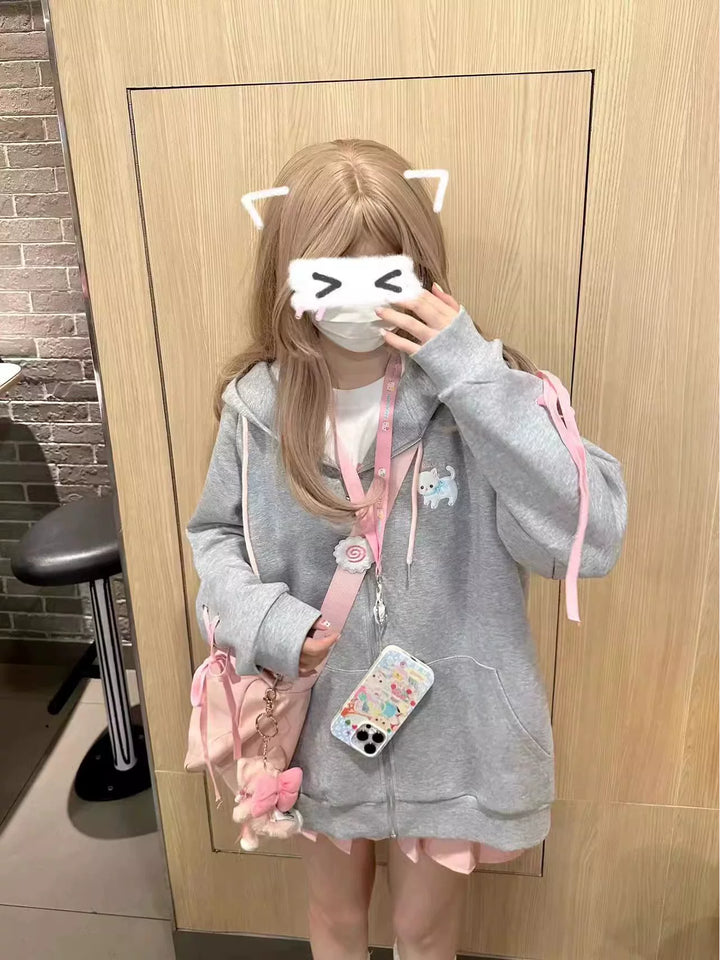 Kawaii Coat Cat Ear Hood Grey Jacket With Pink Ribbons (L M S / Pre-order) 39708:637852