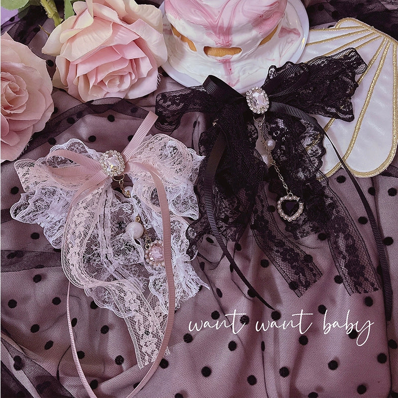 Jirai Kei Pink Black Lace Bow Heart Hair Clip 21750:312388