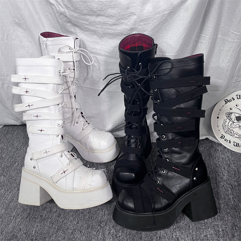 Punk Combat Boots Cross Strap Black White Boots 33822:446154