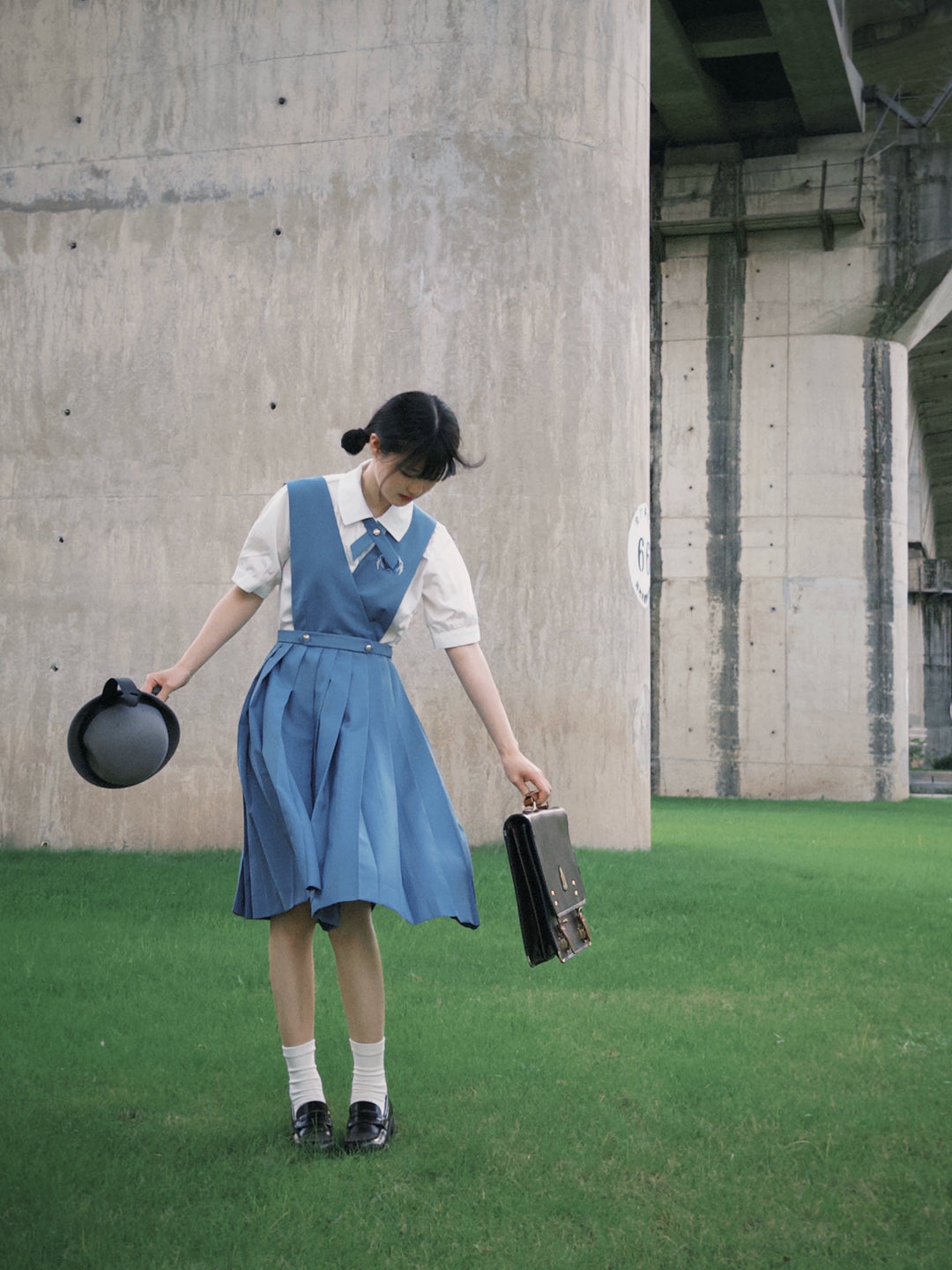 Gay-Blue Knee-Length JK Uniform, Detachable Vest 43446:778474