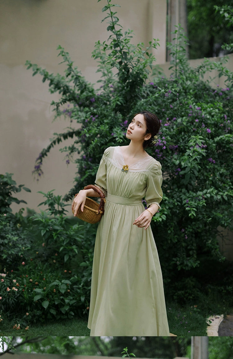 Mori Kei Dress Elegant Dress Matcha Green Lace Trim Dress 36344:547210
