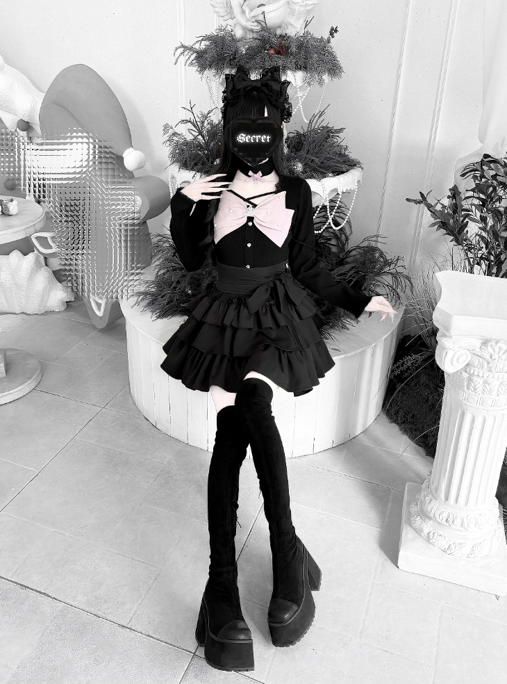 Jirai Kei Knit Top, Tiered Ruffle Skirt, Matching Choker 44685:821225