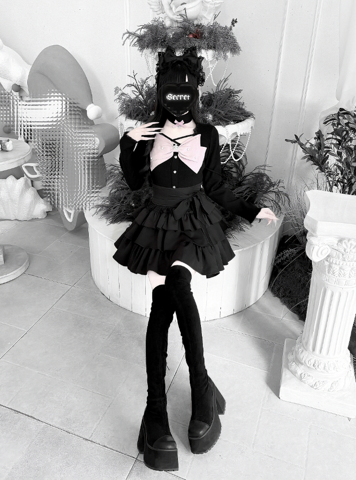 Jirai Kei Knit Top, Tiered Ruffle Skirt, Matching Choker 44685:821225