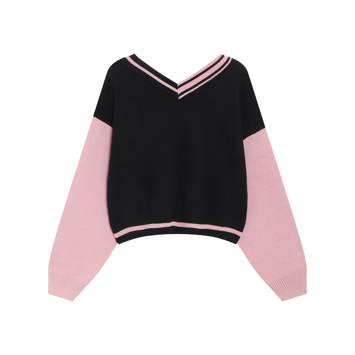 Y2K Sweater Gyaru V-neck Black-Pink Sweater For Winter 41790:713694