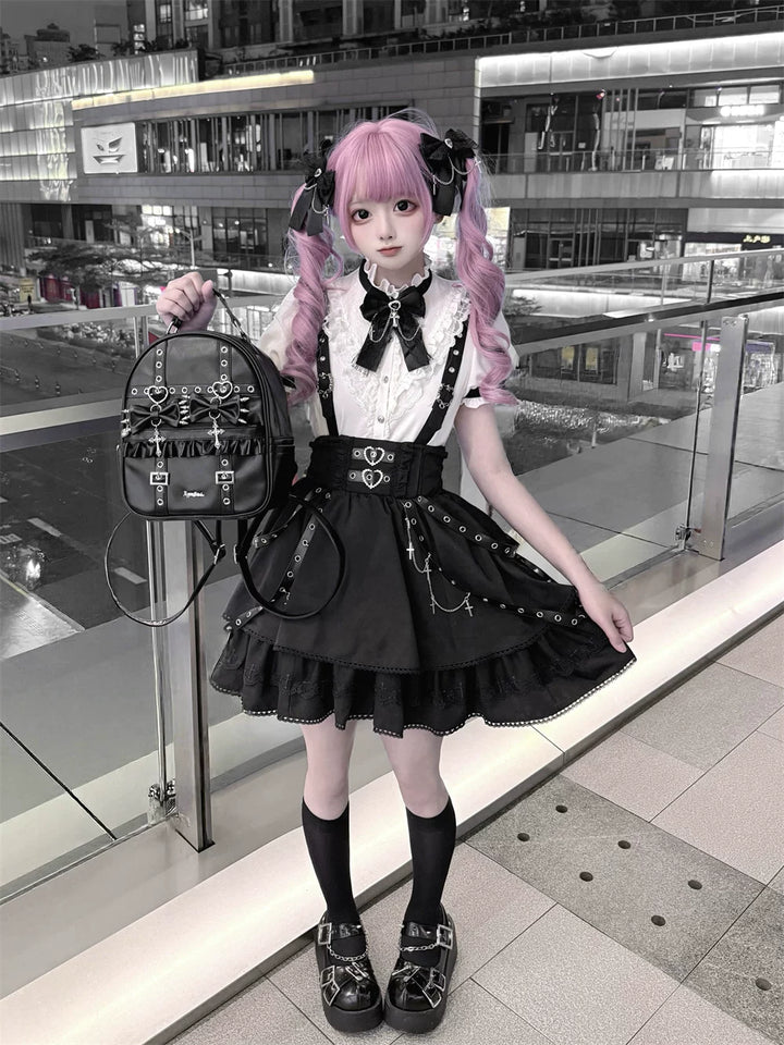 Punk Suspender Skirt, Stand Collar Blouse 45578:855988