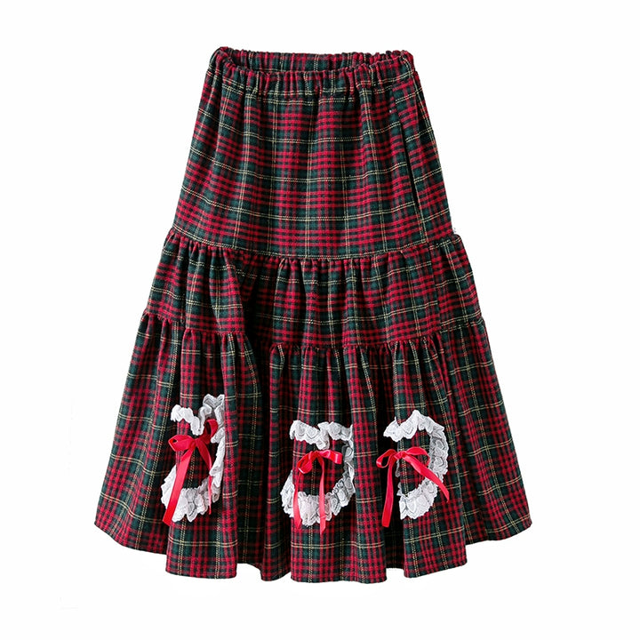 Retro Lolita Skirt Showa Christmas Winter Red Plaid Skirt 40316:662942