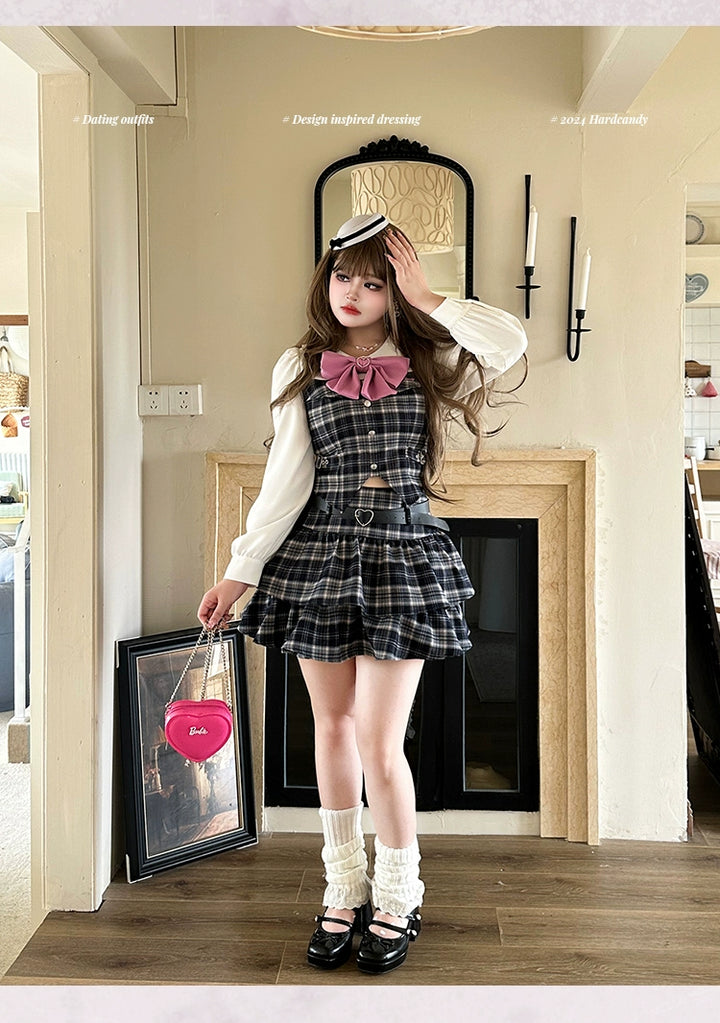 Plus Size Schoolgirl Plaid Outfit Waist-cinching Barbie-style 39398:627372