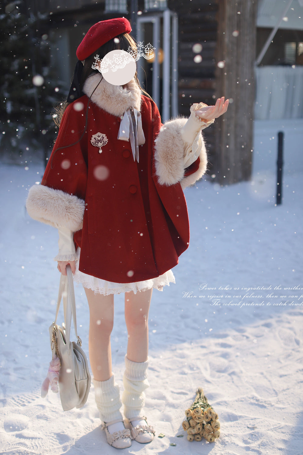 Christmas Woolen Blend Red Cloak, Beige Blouse 44037:793475