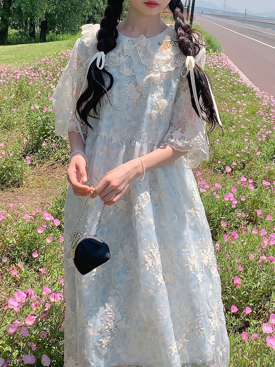 Kawaii Mori Kei Dress Blue Floral Sweet Dress 36206:523490