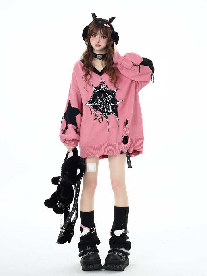 Black Pink Sweater Star Knit V-neck Pullover Sweater 32462:423404