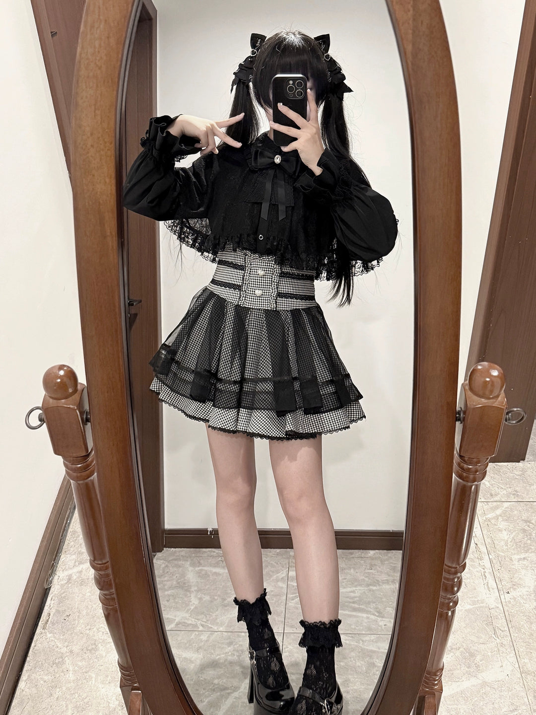 Jirai Kei Lace-cape Blouse, High-waist Skirt Outfit 43933:790374
