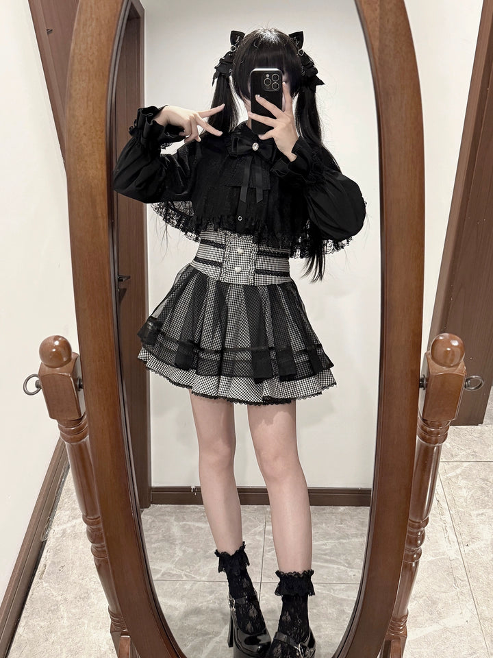 Jirai Kei Lace-cape Blouse, High-waist Skirt Outfit 43933:790374