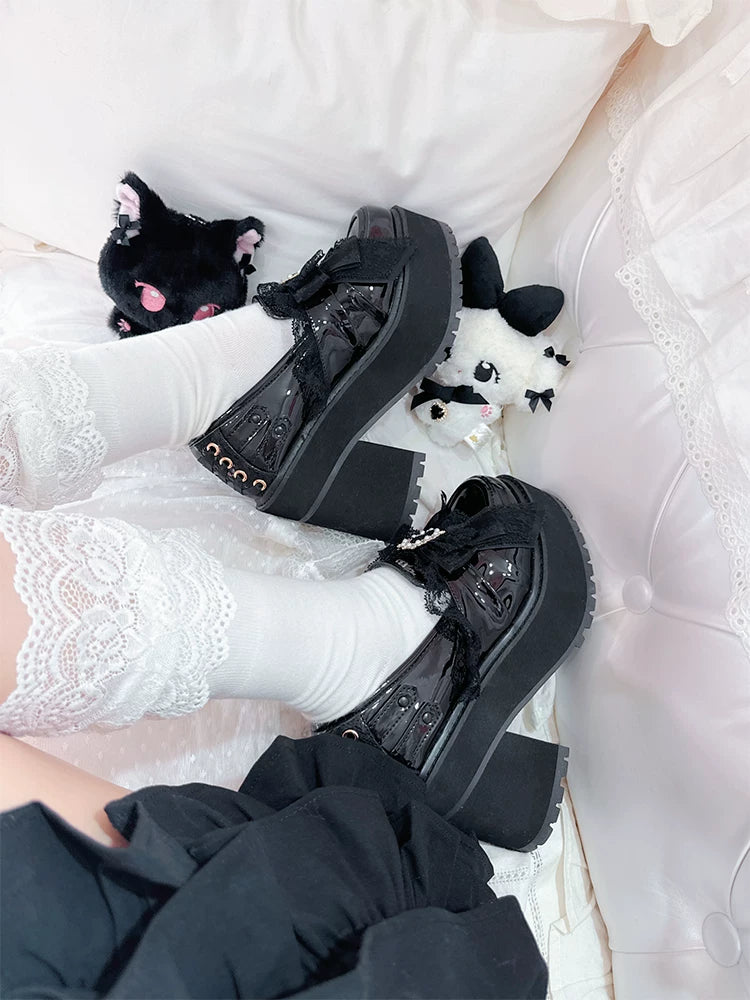 Black/White Jirai Kei Platform High Heel Shoes, Lace Bow 45952:872964