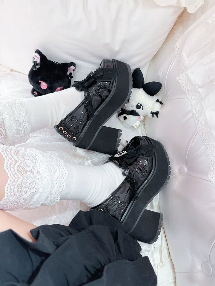 Black/White Jirai Kei Platform High Heel Shoes, Lace Bow 45952:872964