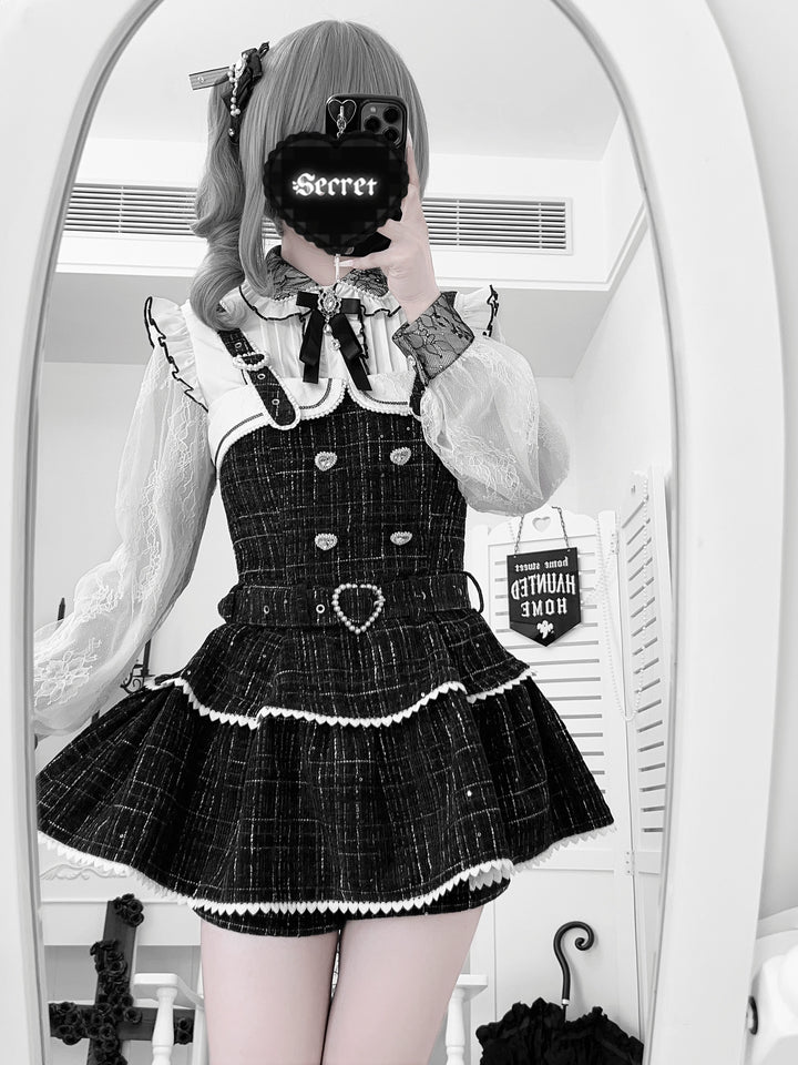 Tweed-like Jirai Kei Suspender Skirt, Matching Shorts 44178:799987