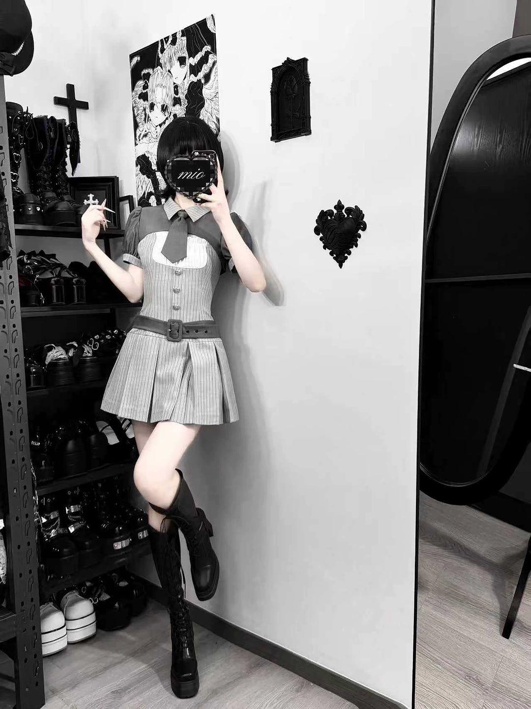 Jirai Kei Gray Striped Dress, Puff Sleeve Bolero 44808:829273