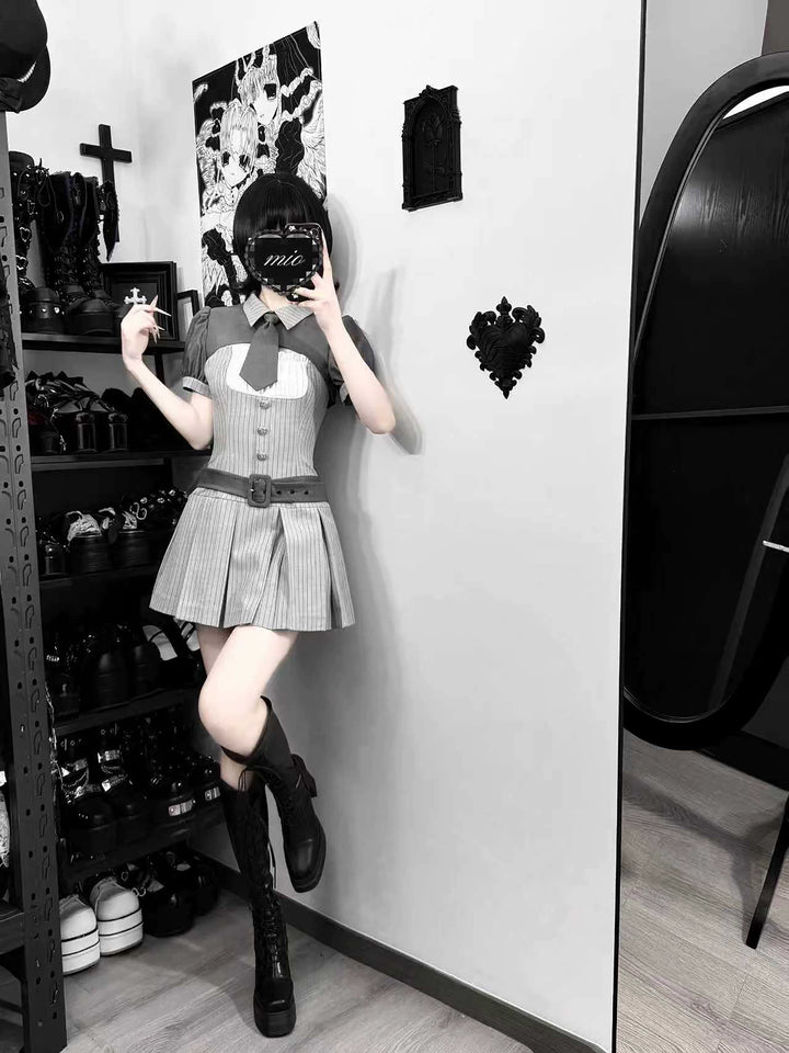 Jirai Kei Gray Striped Dress, Puff Sleeve Bolero 44808:829273