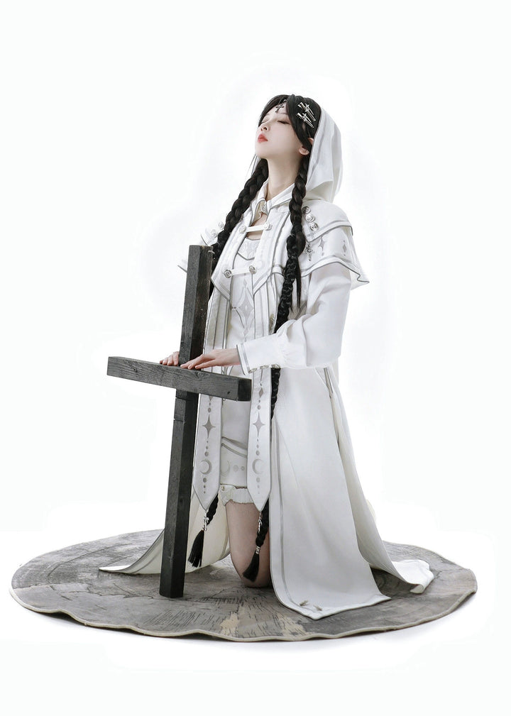 Cyberpunk Cloak Set White Hooded Cloak Top And Shorts 38820:602018